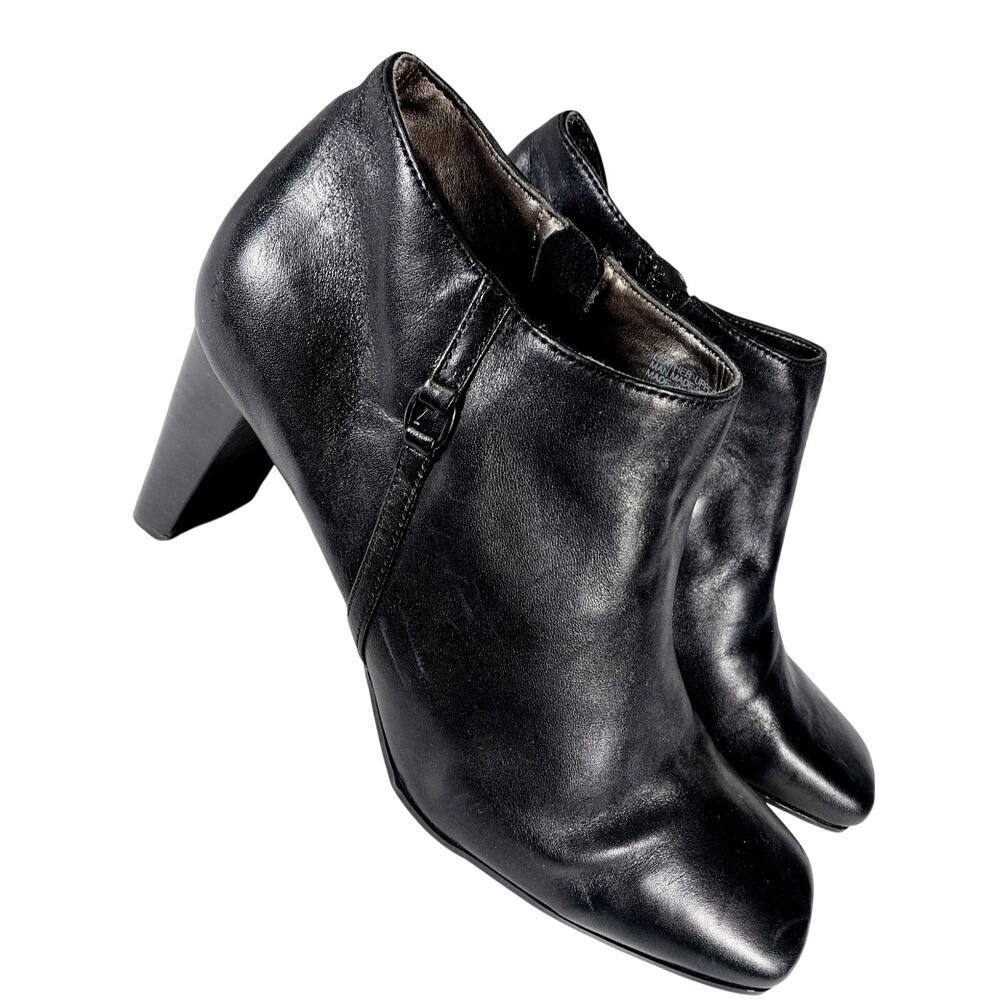 JENNIFER MOORE! BLACK GENUINE LEATHER RECTANGULAR HEEL, ZIP ANKLE BOOTS! SZ 9M